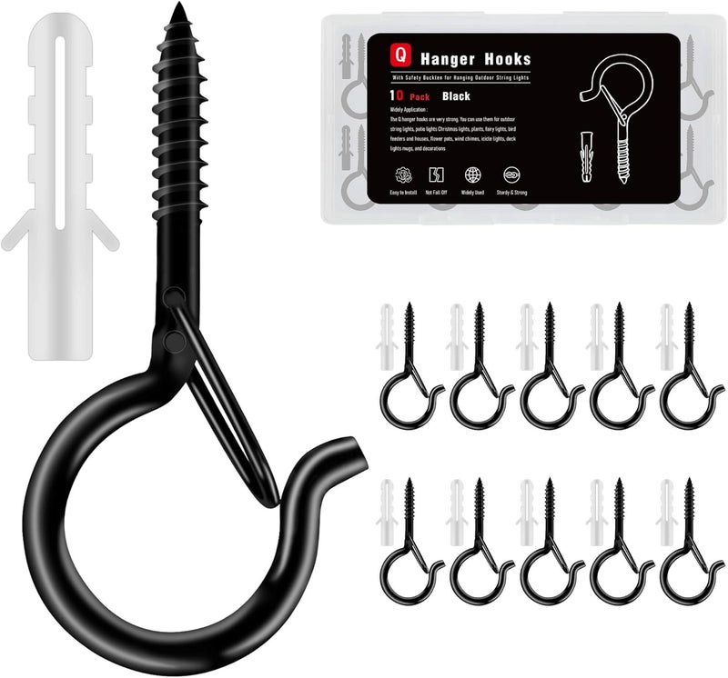 KULOLO Black Screw Hooks with Safety Lock 2.3" Rustproof Metal Ceiling Hooks for Hanging Plants, Baskets,String Lights & Outdoor Decor, 40LB Capacity (10, Black) - Image 1